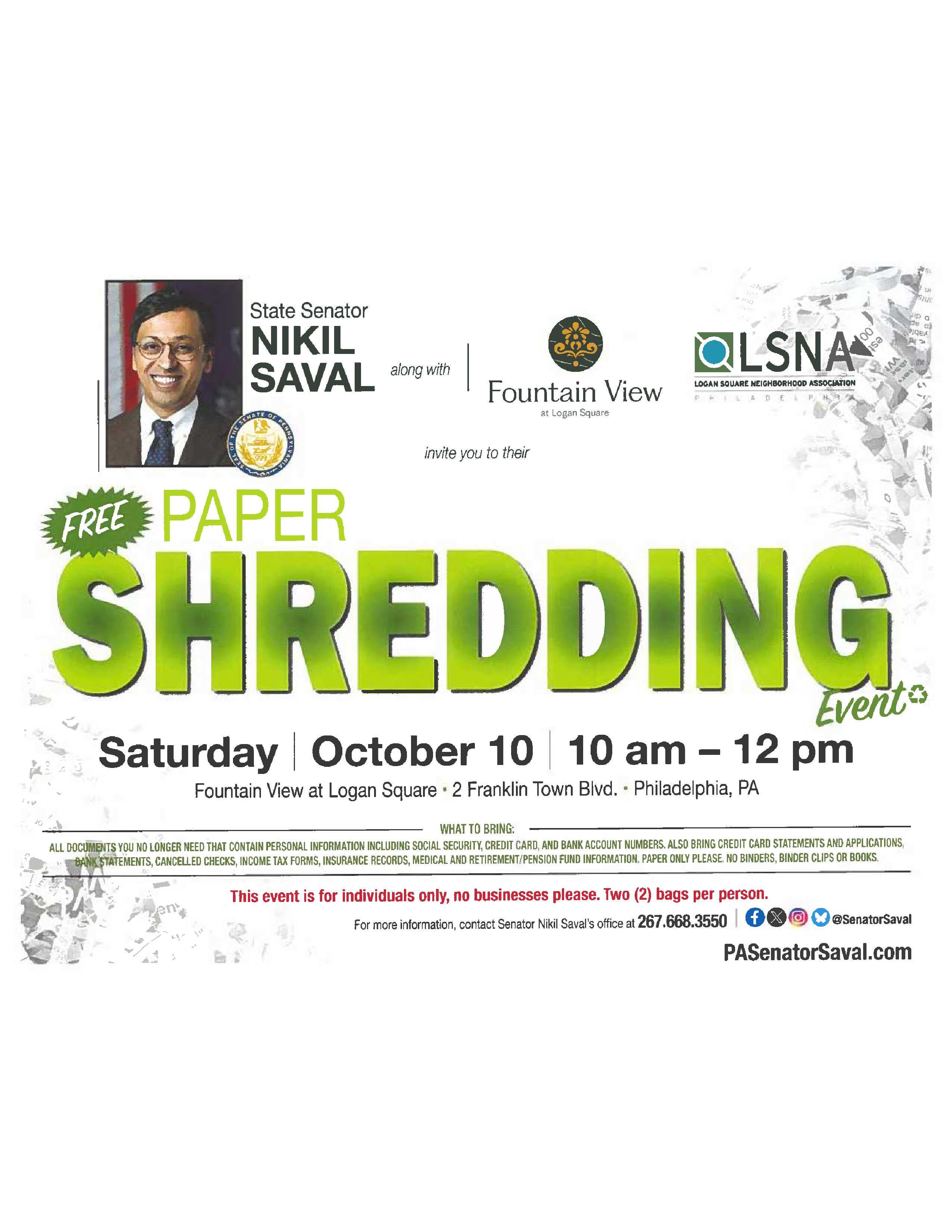 Oct. 10: Free Paper Shredding Event with Senator Saval at Fountain View at Logan Square