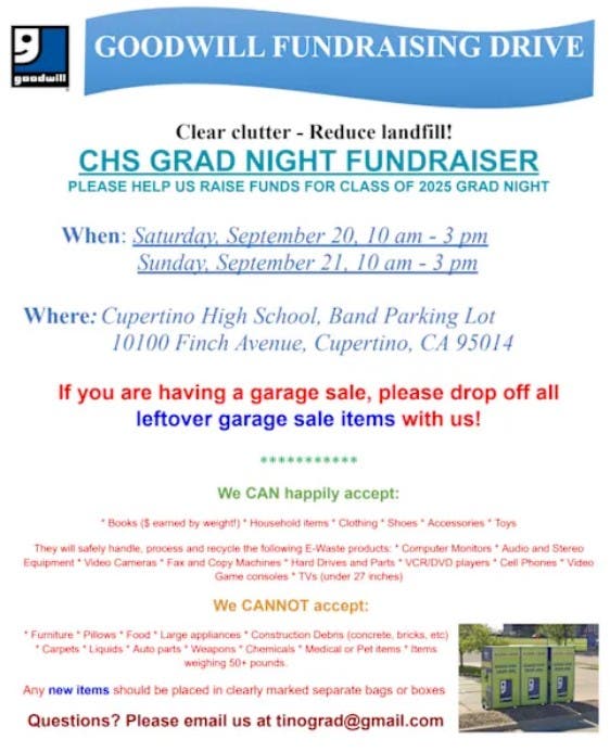 9/21 Goodwill & E-Waste Fundraiser - Cupertino High Grad Night - 10-3pm