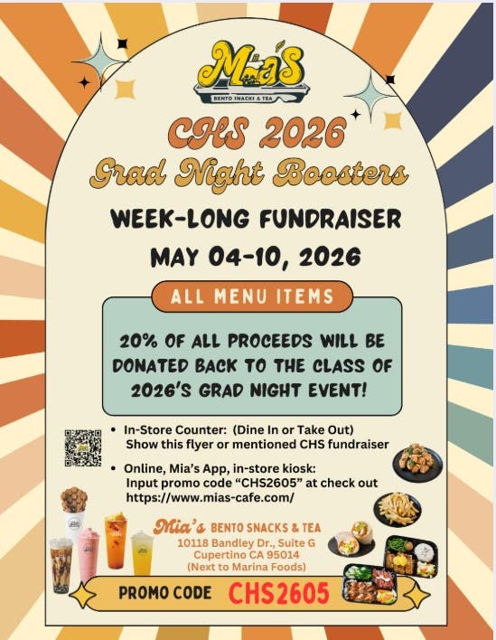 5/4-5/10 Mia's Bento Snacks & Tea Fundraiser - Cupertino High Grad Night
