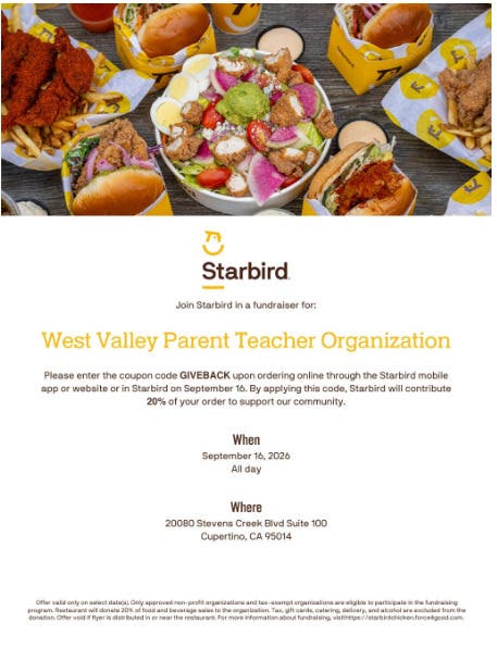 9/16 Starbird Cupertino Fundraiser - West Valley PTO - All Day, Code: GIVEBACK