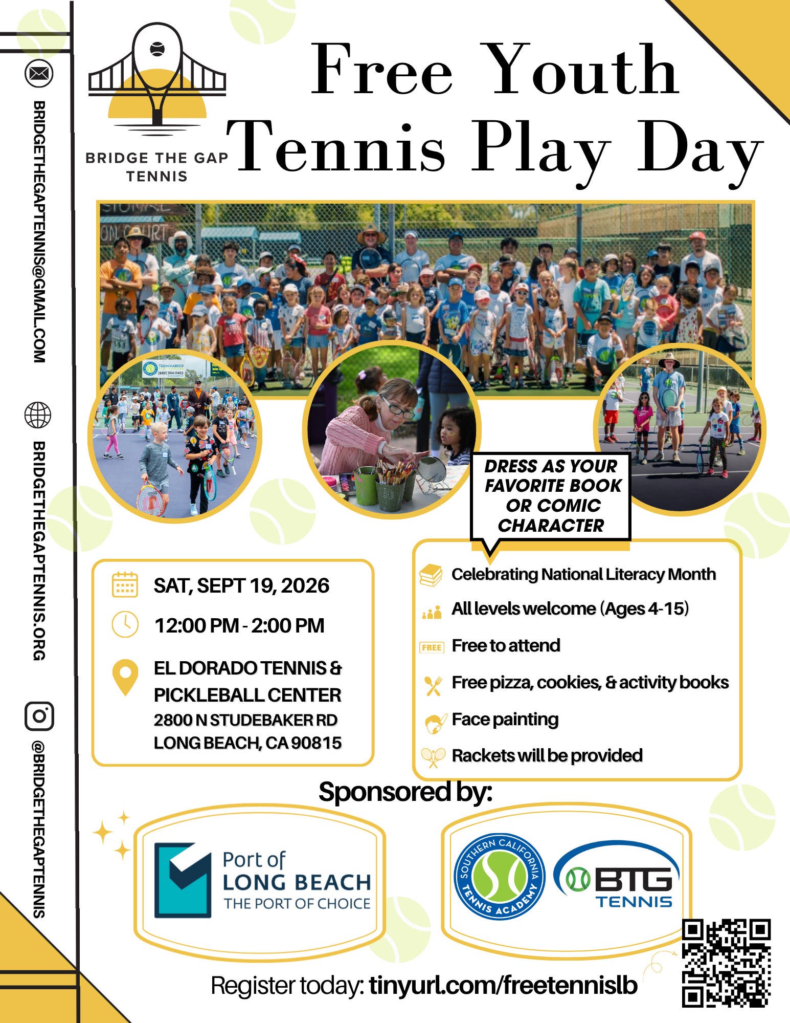 Join Bridge the Gap Tennis for a FREE Youth Tennis Play Day celebrating National Literacy Month!