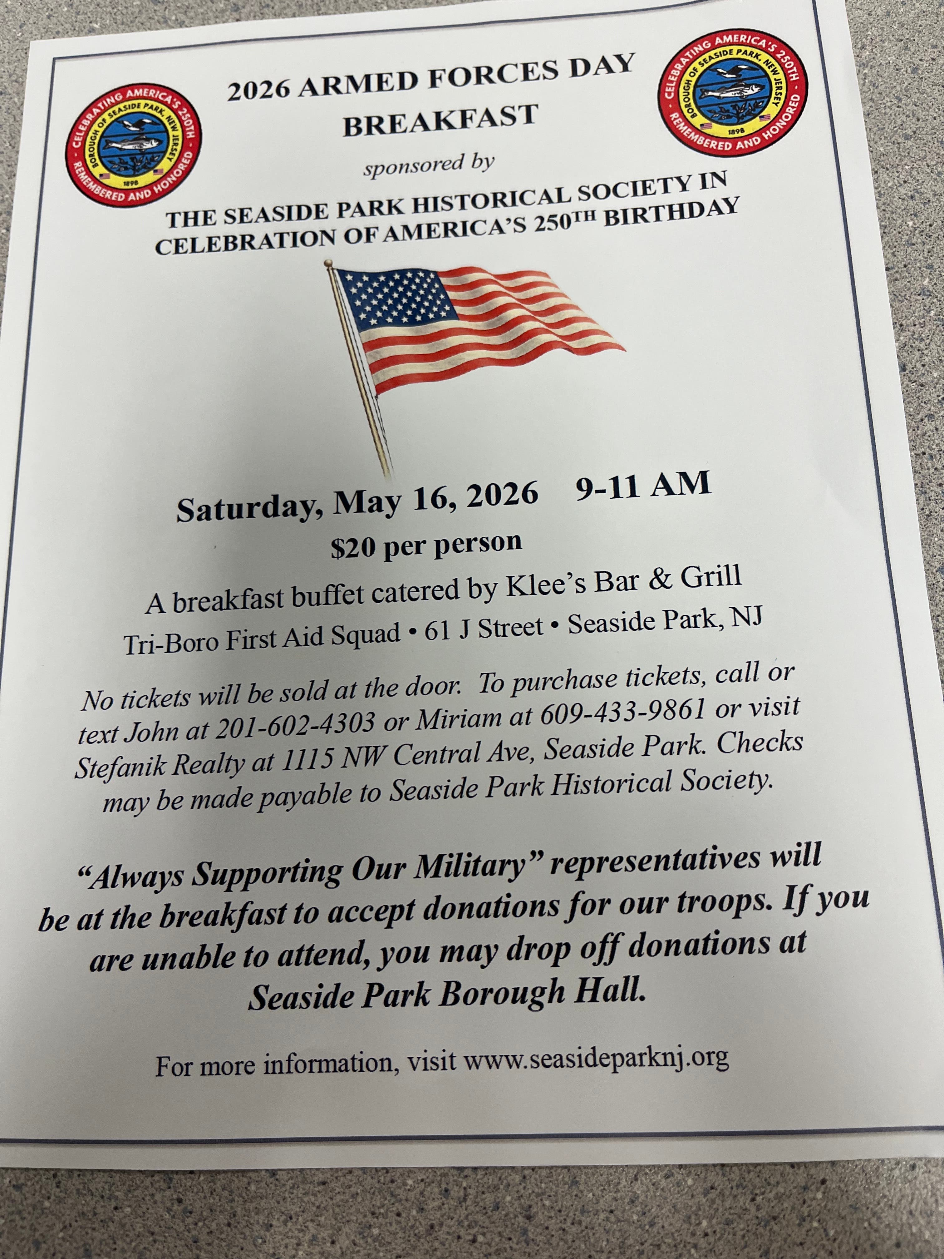 Seaside park Historical Society Armed Forces Day  Breakfast 