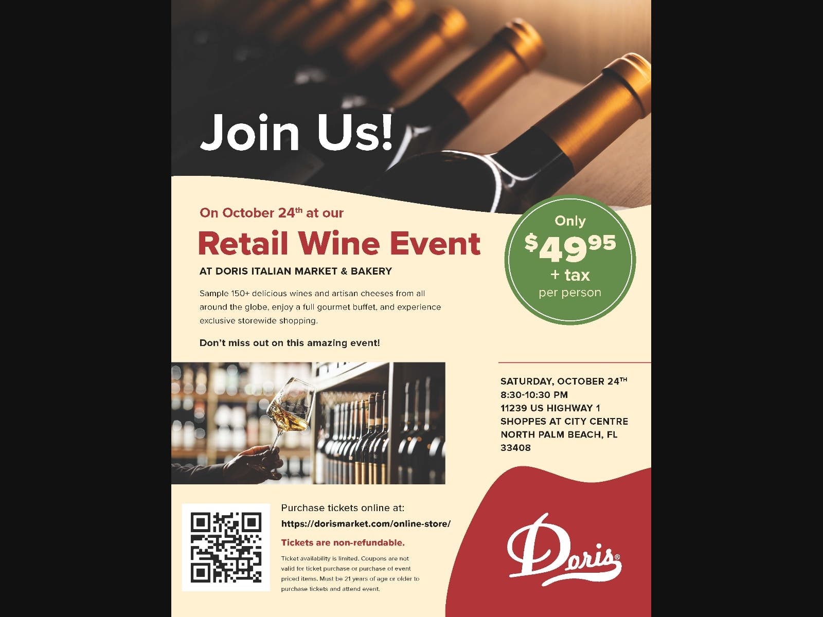 Doris Italian Market & Bakery will host a wine and food tasting event on Saturday, October 24 from 8:30 to 10:30 p.m. at their North Palm Beach store.