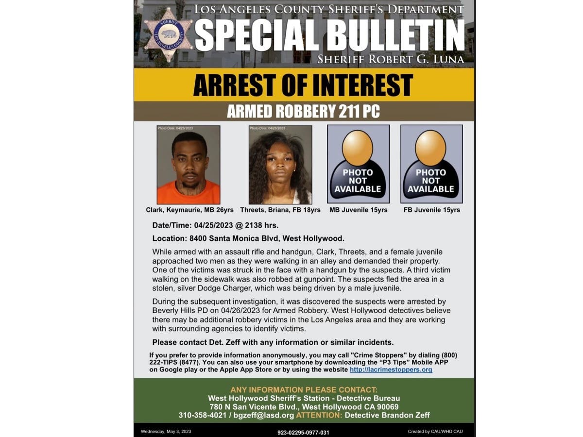 Briana Threets, 18, of Oakland, and Keymaurie Clark, 26, of Oakland were both charged with robbery. A 15-year-old boy and 15-year-old girl were also arrested, but their names and charges have not been made public.