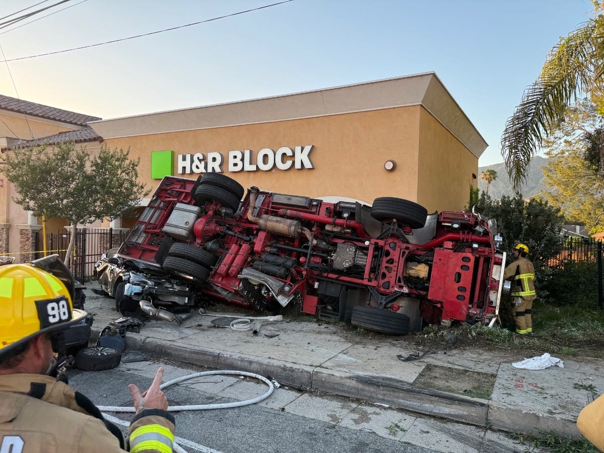 The truck crashed in front of an H&R Block while responding to a fire in Sunland.