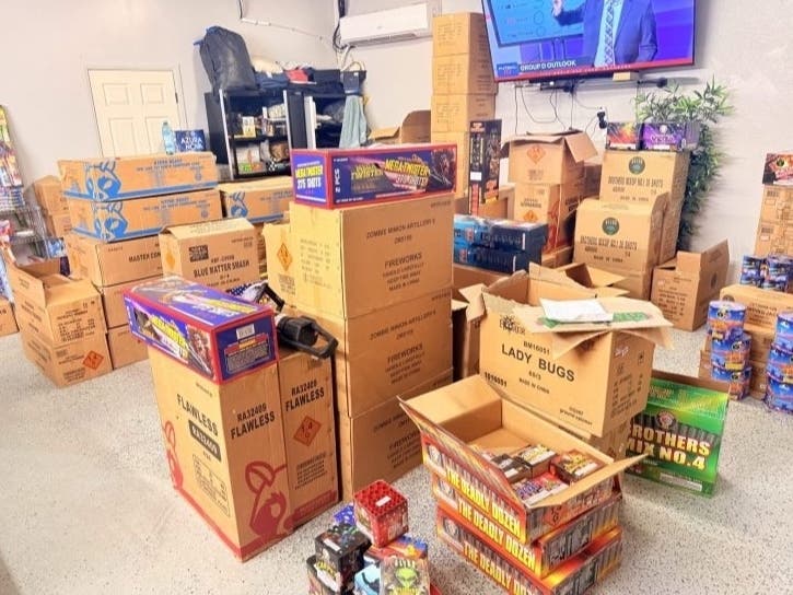 This photo shows what officials say is some of the cache of illegal fireworks seized in Pasadena.