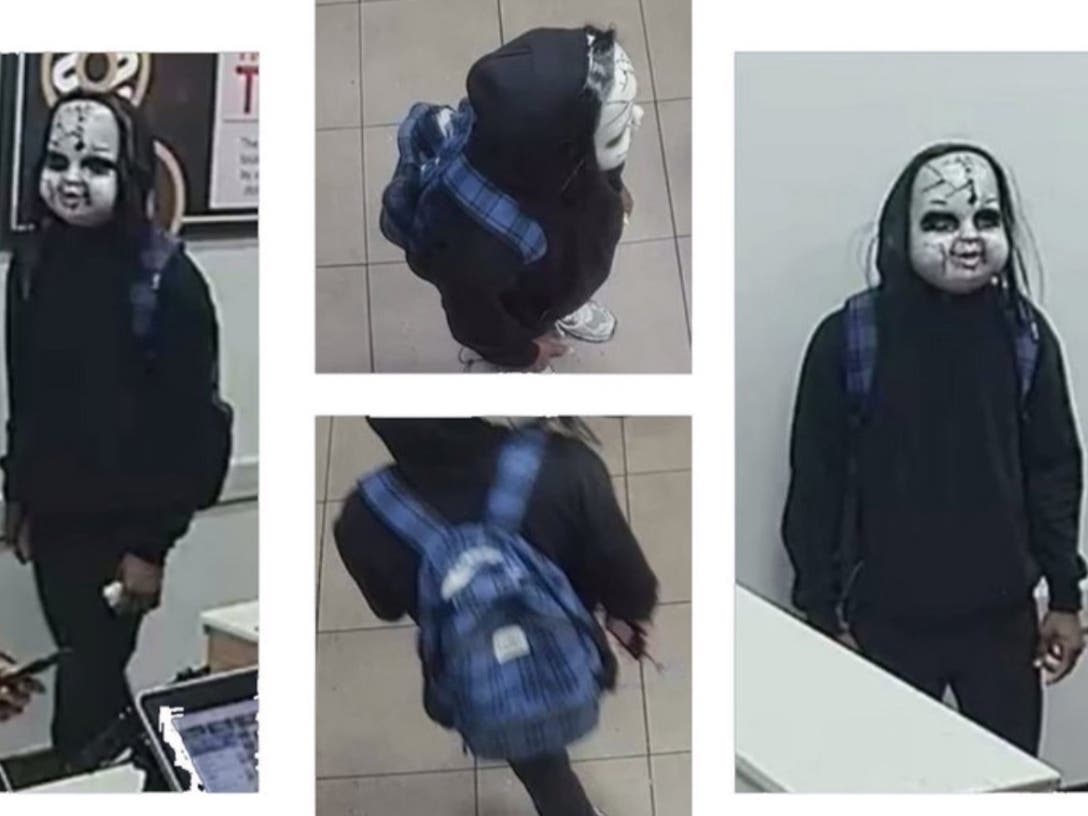 Zymire Hughes, 22, is wanted for terrorizing people in Philadelphia earlier this month while wearing a baby doll-style mask.