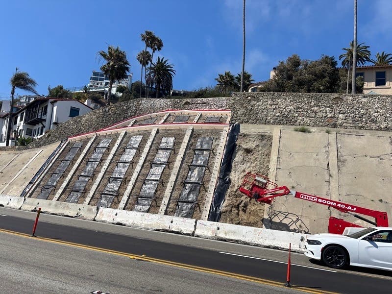 Retaining wall panels being repaired and replaced in June on Pacific Coast Highway near Porto Marina Way.
