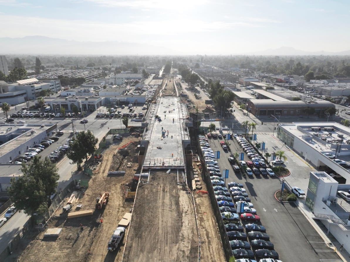 Construction continues on the Van Nuys Boulevard bridge as part of Metro’s G Line Improvements Project in the San Fernando Valley. The bridge was about 77% complete as of August, according to Metro.