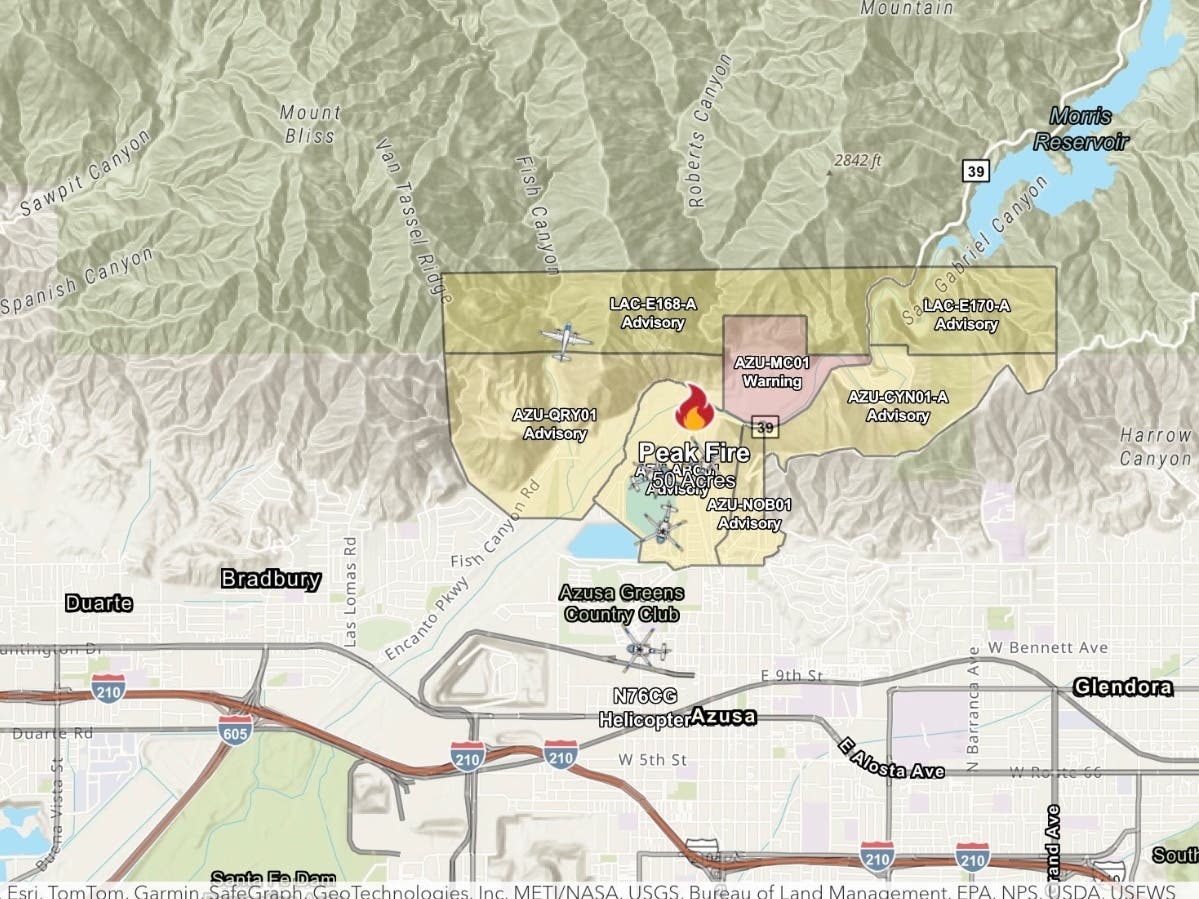 This map shows properties under mandatory evacuation in red as of 3 p.m. Thursday.