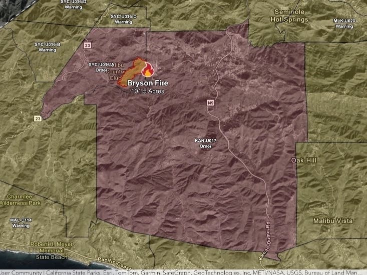 A map showing the location of the Bryson Fire, evacuation orders in red and warnings in yellow as of 7:20 p.m. Thursday.