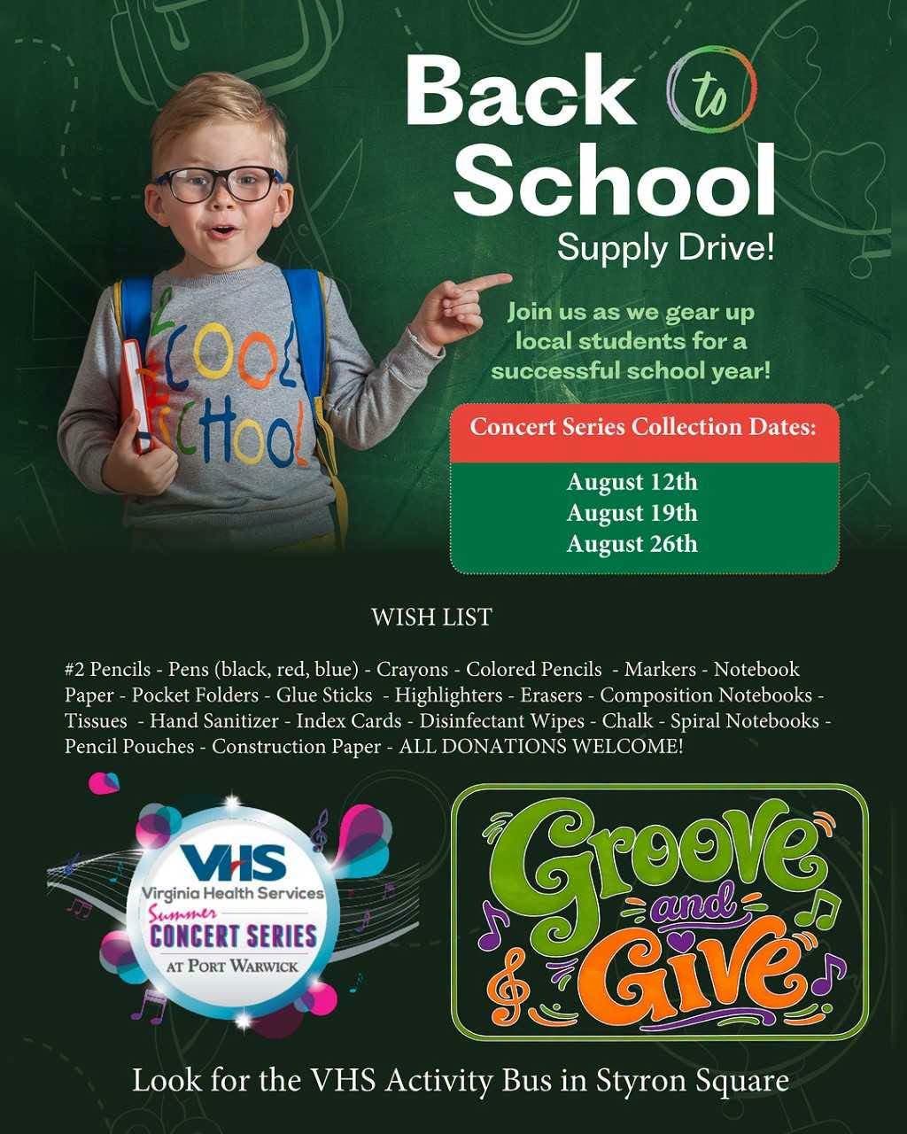 Aug. 19/26: Back to School Supply Drive at VHS & Port Warwick Foundation's Summer Concert Series
