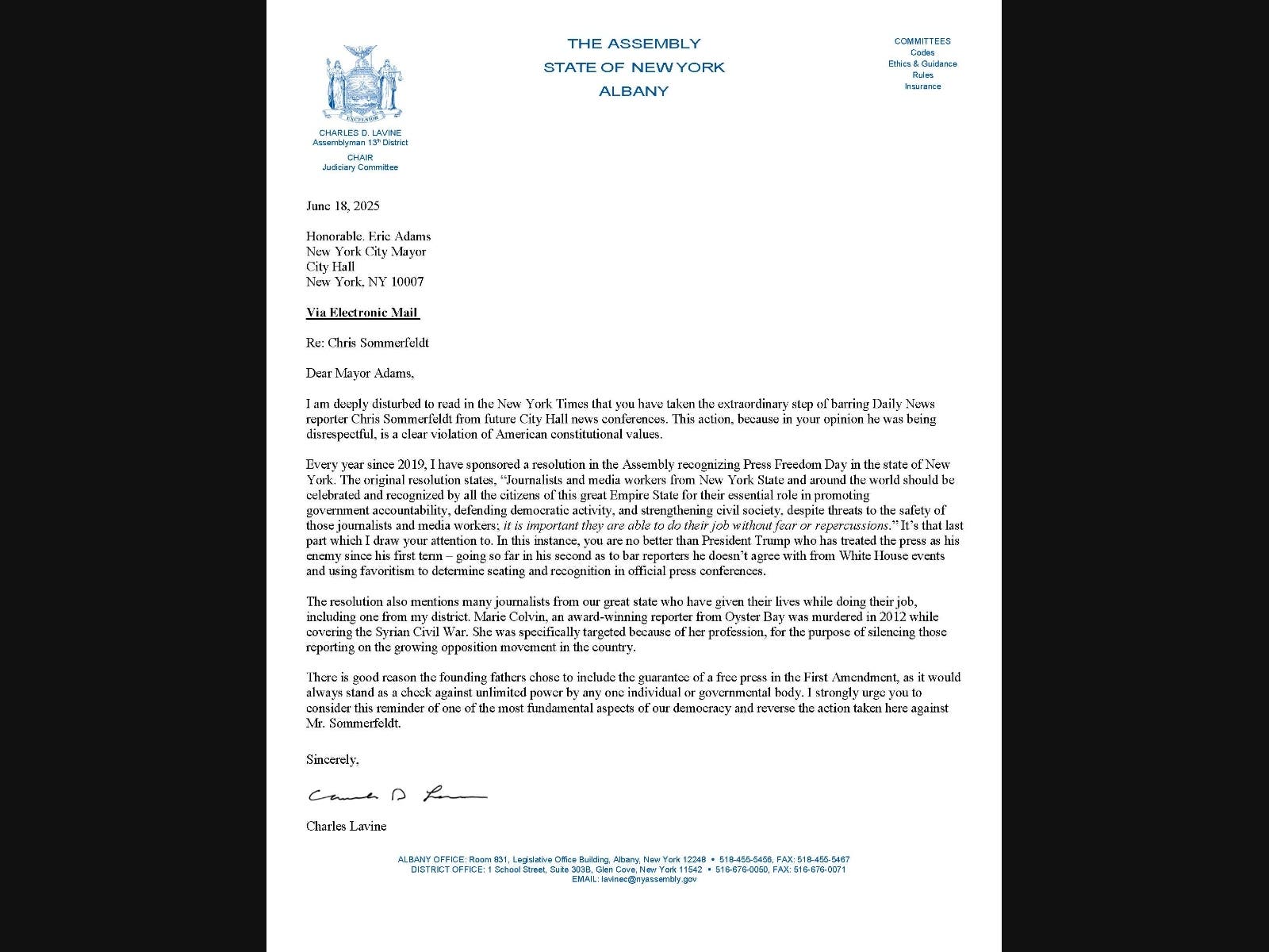 Lavine Pens Letter to Adams Over Barring of Reporter | Glen Cove, NY Patch