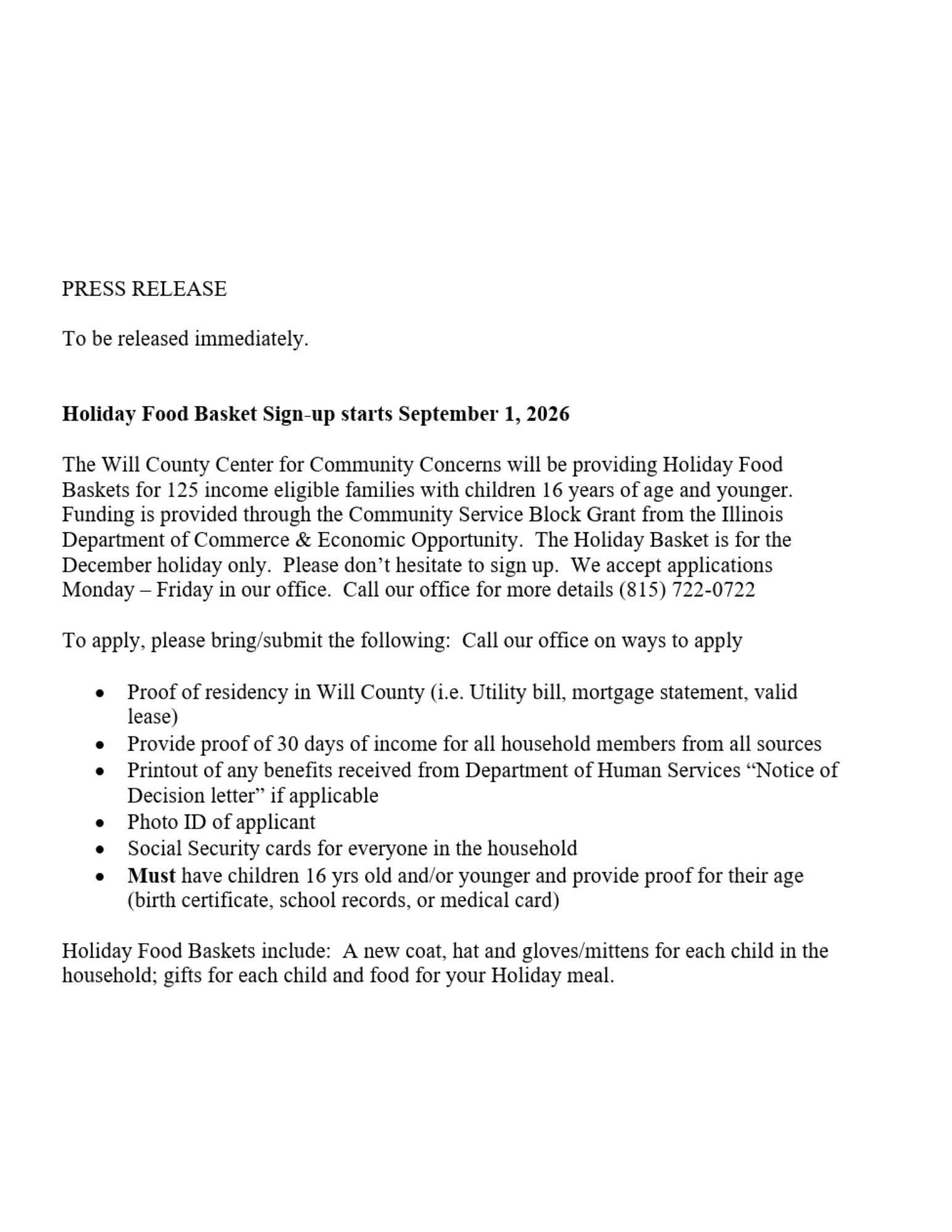 Holiday Food Basket Sign-up
