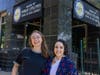Research scientist Natalie Stuart (left), a 2023-2024 Eagleton Science fellow, stands with Aileen Eagleton, a current Eagleton Science fellow, outside the Board of Public Utilities office in Trenton, N.J.