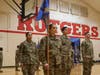 Cadets Marykirsten Taino (left), Katelyn Kazantzis, Alexander Cocuzza and Joseph Lisnak practice drill and ceremonies during a spring 2025 Leadership Lab in the gym of the Cook/Douglass Recreation Center.