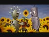 A robot hands a potted flower to another robot in a scene from the animated film "Sunspark."