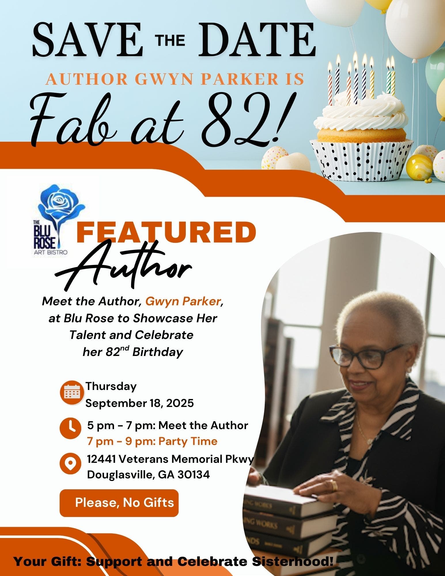 Meet Author Gwyn Parker at Blu Rose for Reading and 82nd Birthday Celebration! 