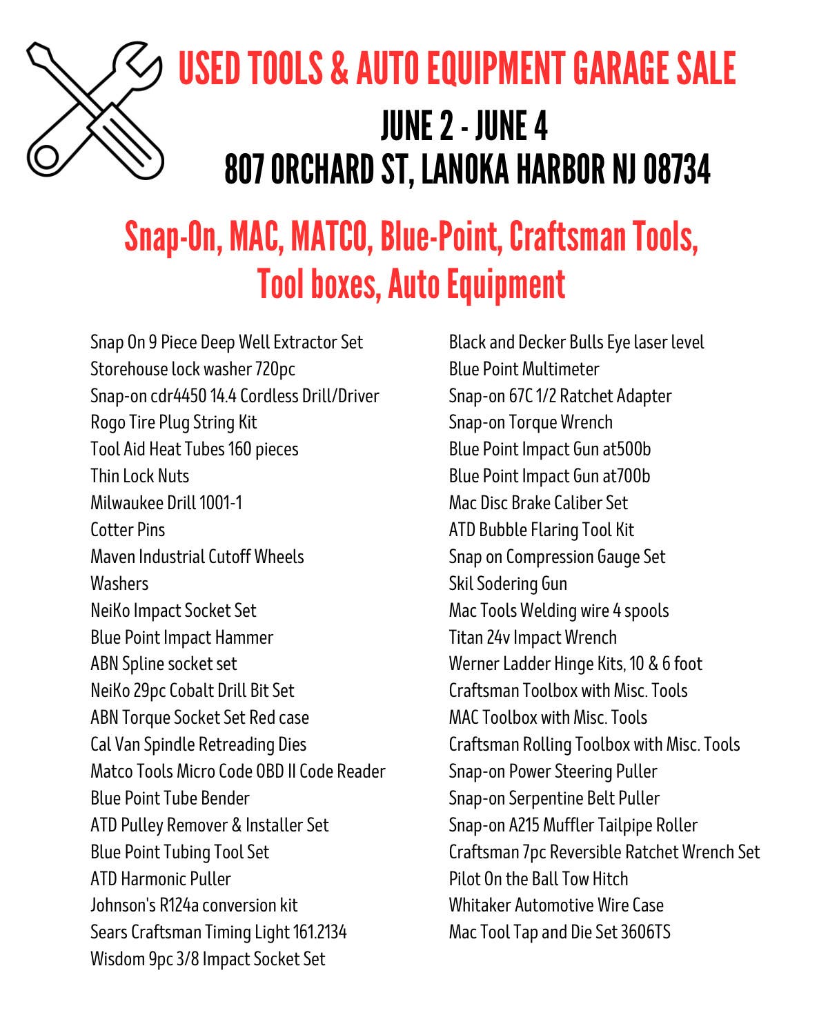 Jun 2 Garage Sale Used Tools and Automotive Equipment Lacey, NJ Patch