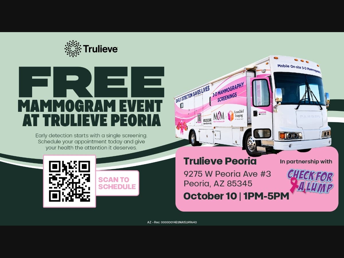 mammogram, screening, healthcare, breast cancer, mobile clinic, pink bus, Trulieve, Peoria, Arizona, QR code, free event, October 10, 1PM–5P