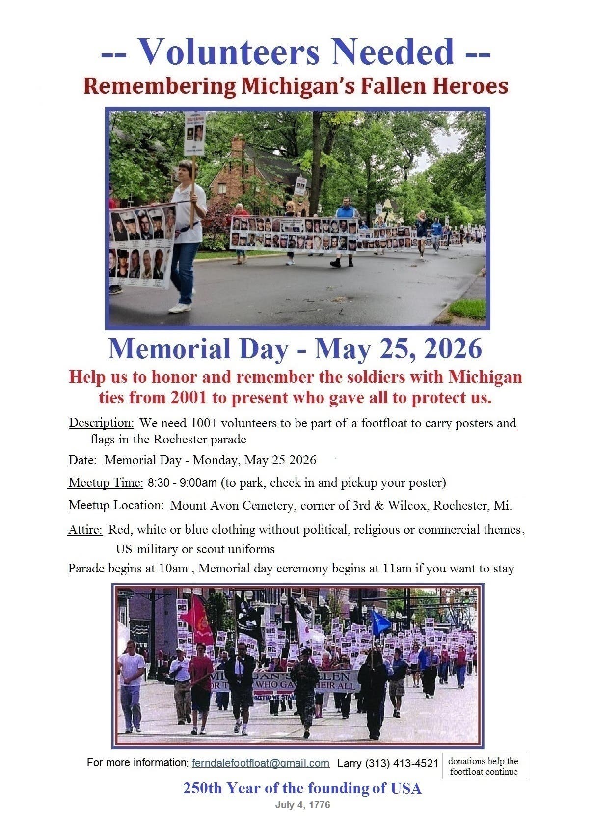 200+ Volunteers Needed to Honor Michigan Fallen Heroes in Memorial Day Parade