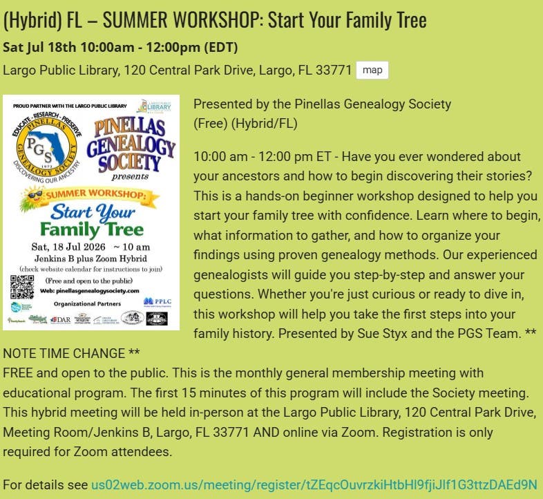 GENEALOGY - Summer Workshop: Start Your Family Tree