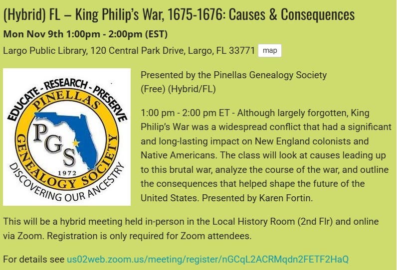 GENEALOGY - King Philip’s War, 1675-1676: Causes & Consequences