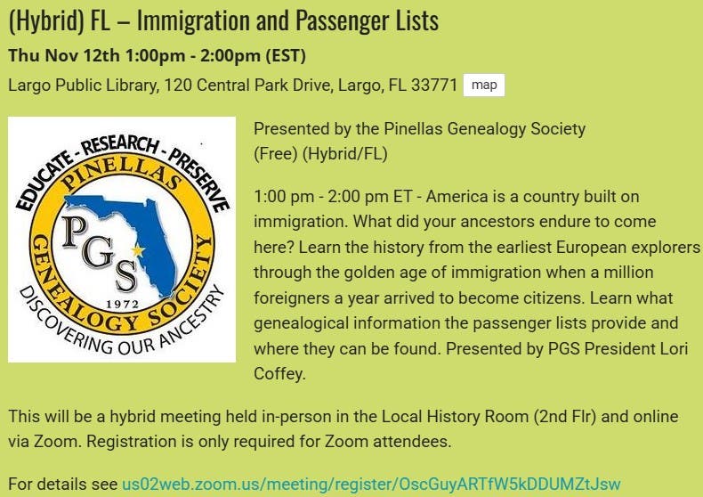GENEALOGY - (Hybrid) Fl - Immigration And Passenger Lists