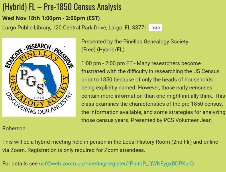 GENEALOGY - (Hybrid) FL – Pre-1850 Census Analysis