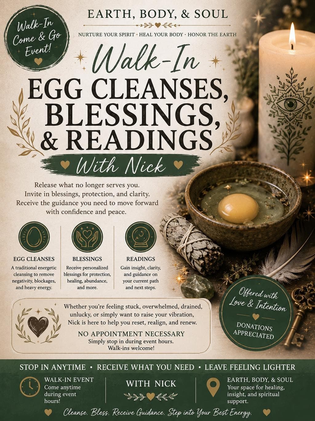 ๐ฅโจ Walk-In Egg Cleanses, Blessings & Readings with Nick โจ๐ฅ