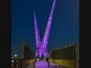 Skydance Bridge illuminated in purple for migraine awareness
