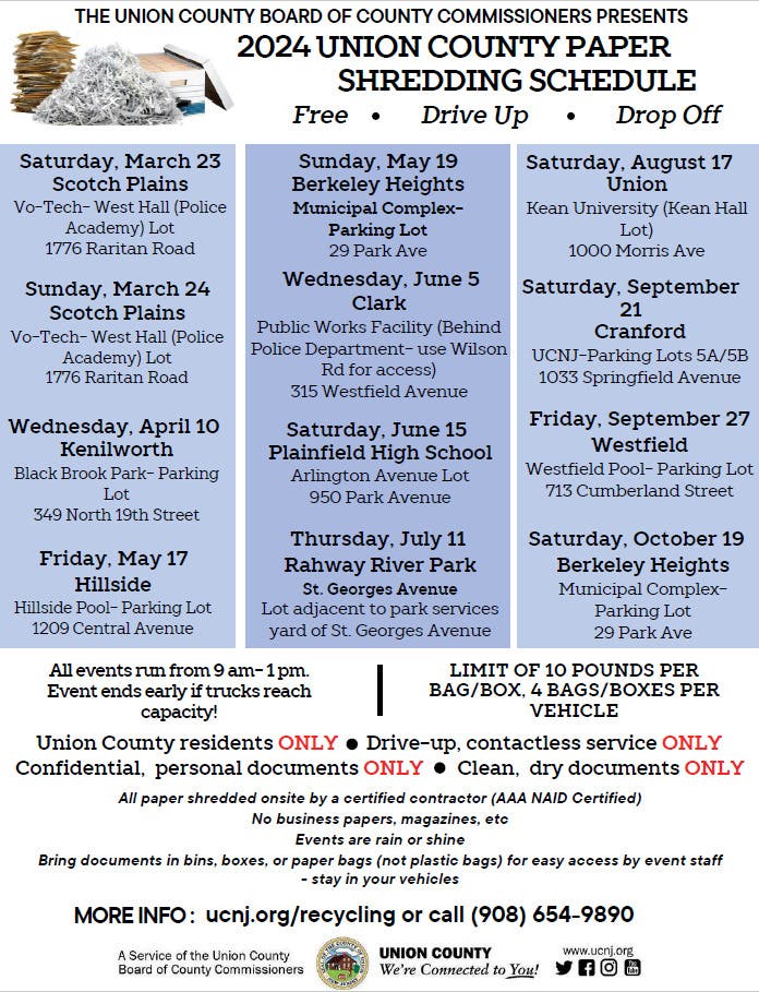 Mar 23 | Union ﻿County's Popular "Weekend of Shredding" Returns in 2024 to  Kick Off Recycling Season | Westfield, NJ Patch