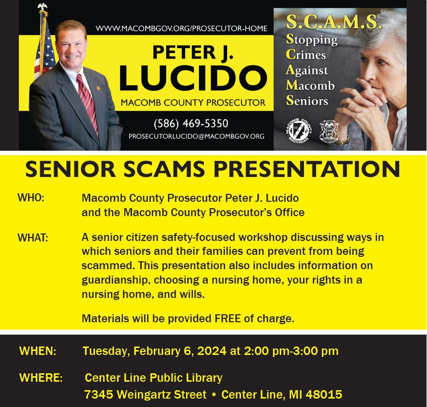 Feb 6 | Prosecutor SCAMS Prevention - Center Line Library | St. Clair ...