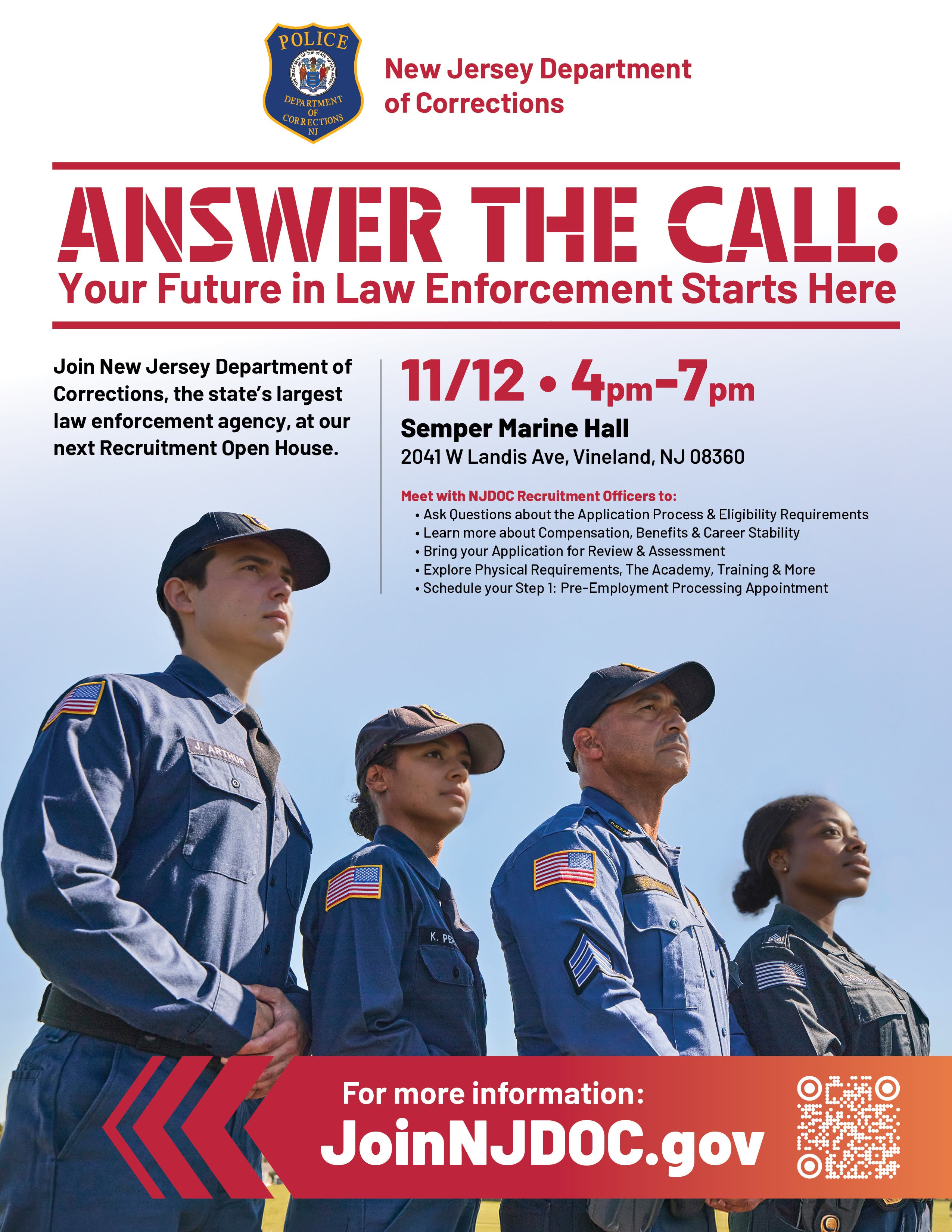 New Jersey Department of Corrections Recruitment Open House – Semper Marine Hall in Vineland (11/12)