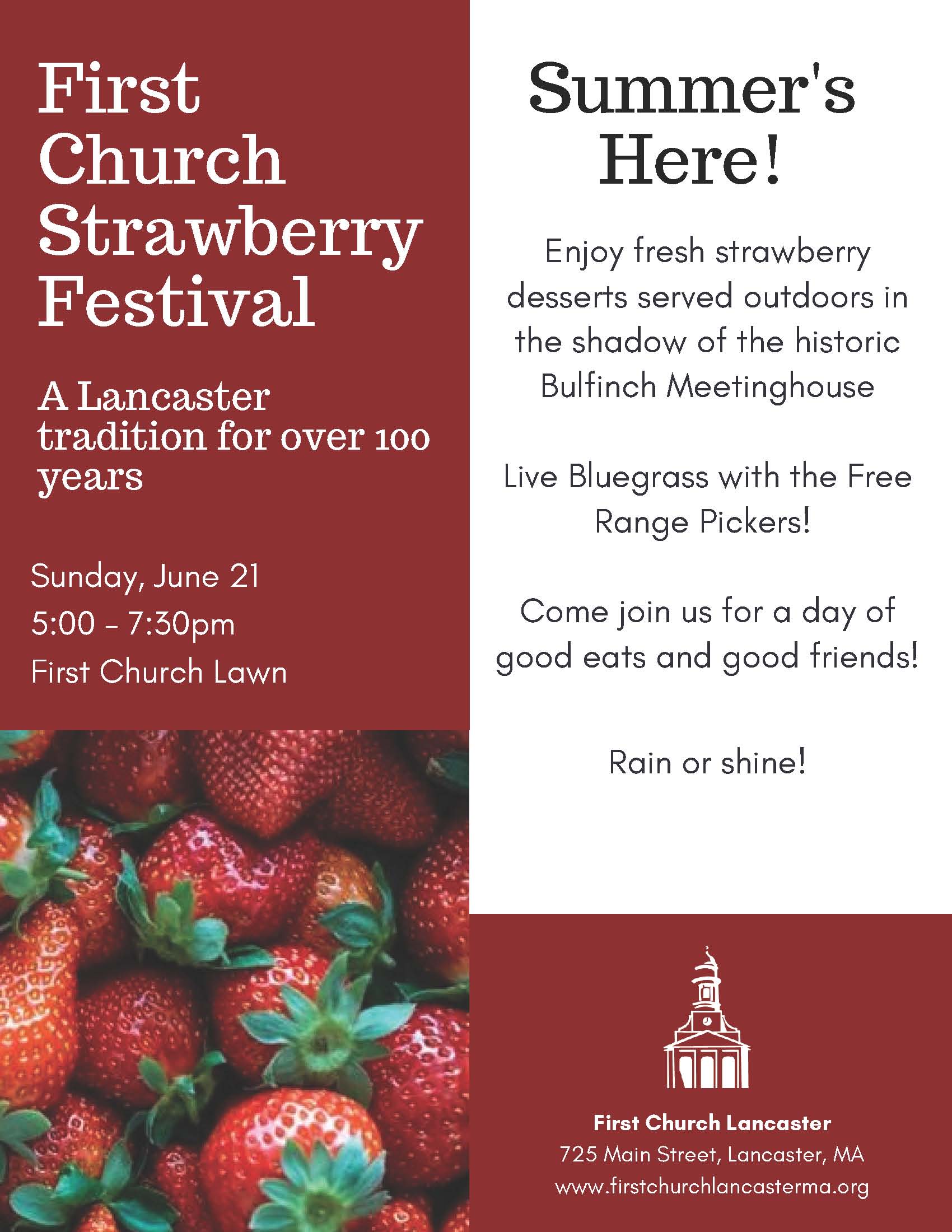 First Church Strawberry Festival Sunday, June 21, 2026 5pm-7:30 pm