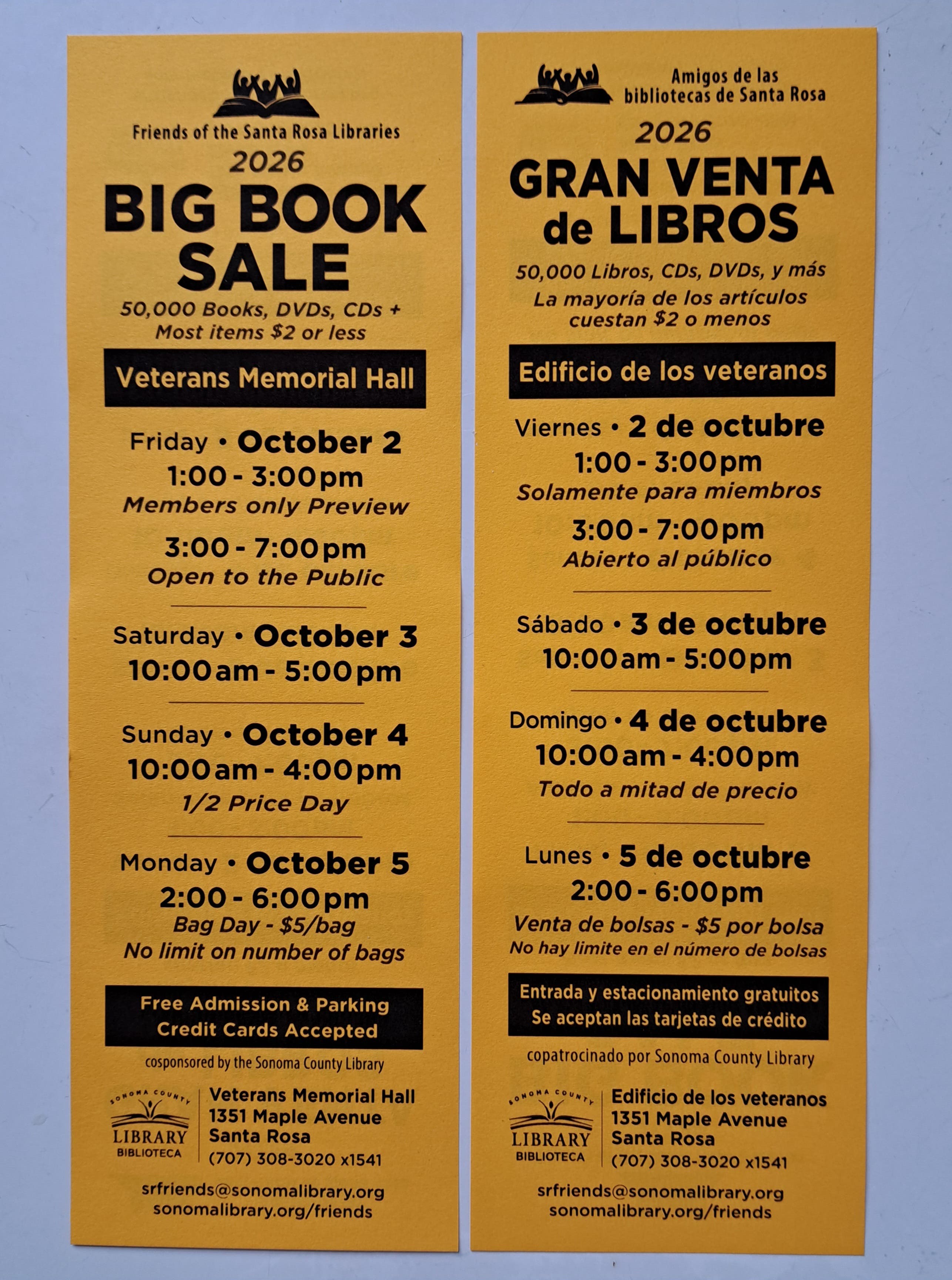 BIG BOOK SALE by Friends of SR Libraries Oct 2-5