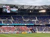 Live captioning on scoreboard during NJ/NY Gotham pro women soccer match on women sports empowerment night at Red Bull arena, Harrison New Jersey