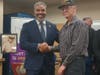 Congressman Steve Horsford (left) and Gary Scaife (right) shake hands at the Veteran Pinning Ceremony. Scaife was recognized for his service as a U.S. Navy Vietnam veteran.
