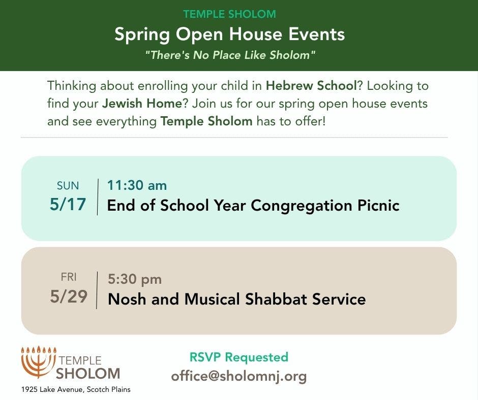Join Temple Sholom for upcoming spring open house events!