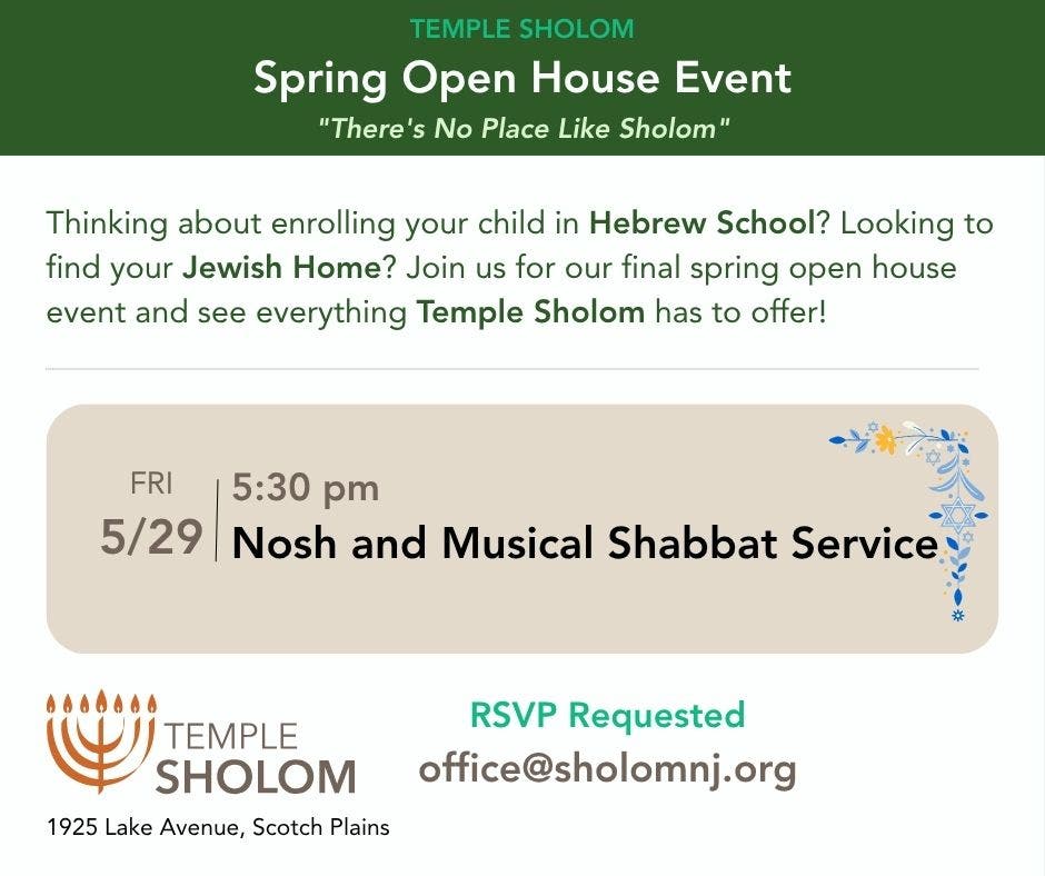 Nosh & Musical Shabbat Service May 29 at Temple Sholom