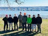 GETTING READY FOR PHILMONT:  Advisor Windsor Kinney, Rigel K., Team Leader Gavin K., Advisor Tim Carl, Joseph “Big Seph” M., Owen I., James K., and Dillon P. on an 18-mile overnight practice hike: 181st subway, across the GWB to Alpine, N.J and back.
