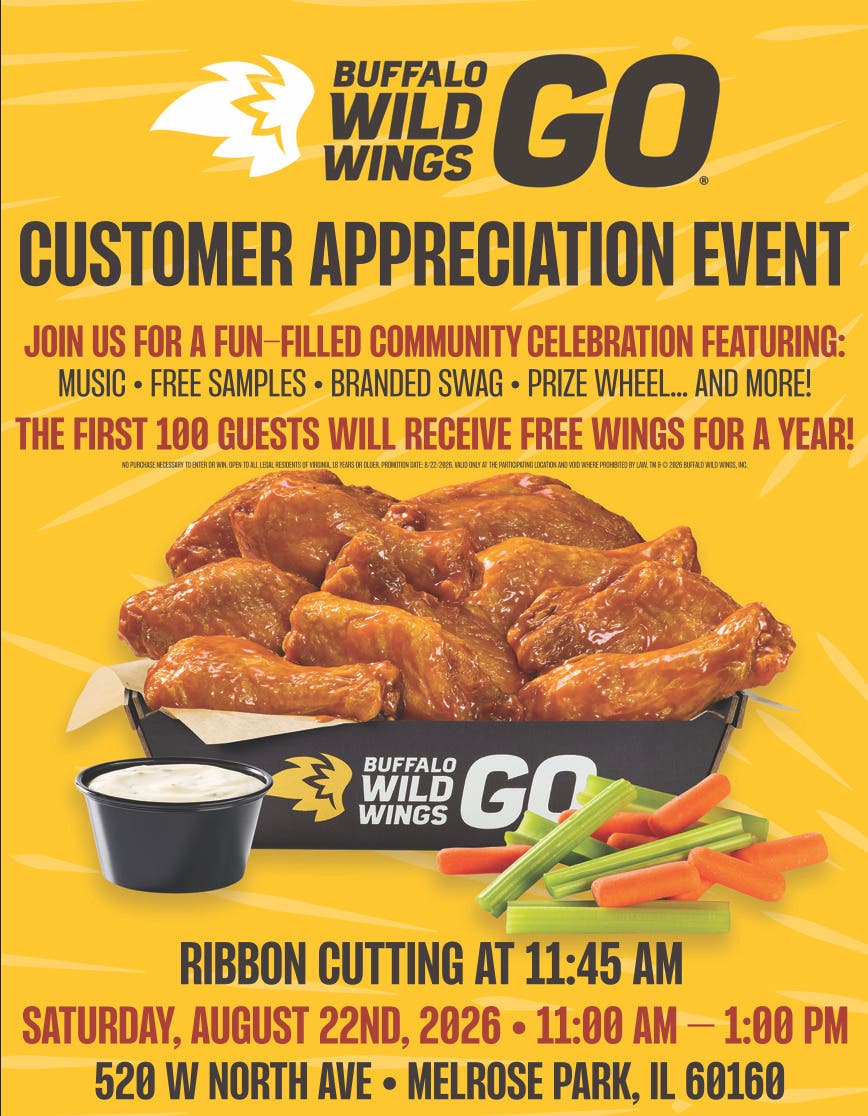 Melrose Park Buffalo Wild Wings GO Celebrates One Year with FREE Wings for a Year!