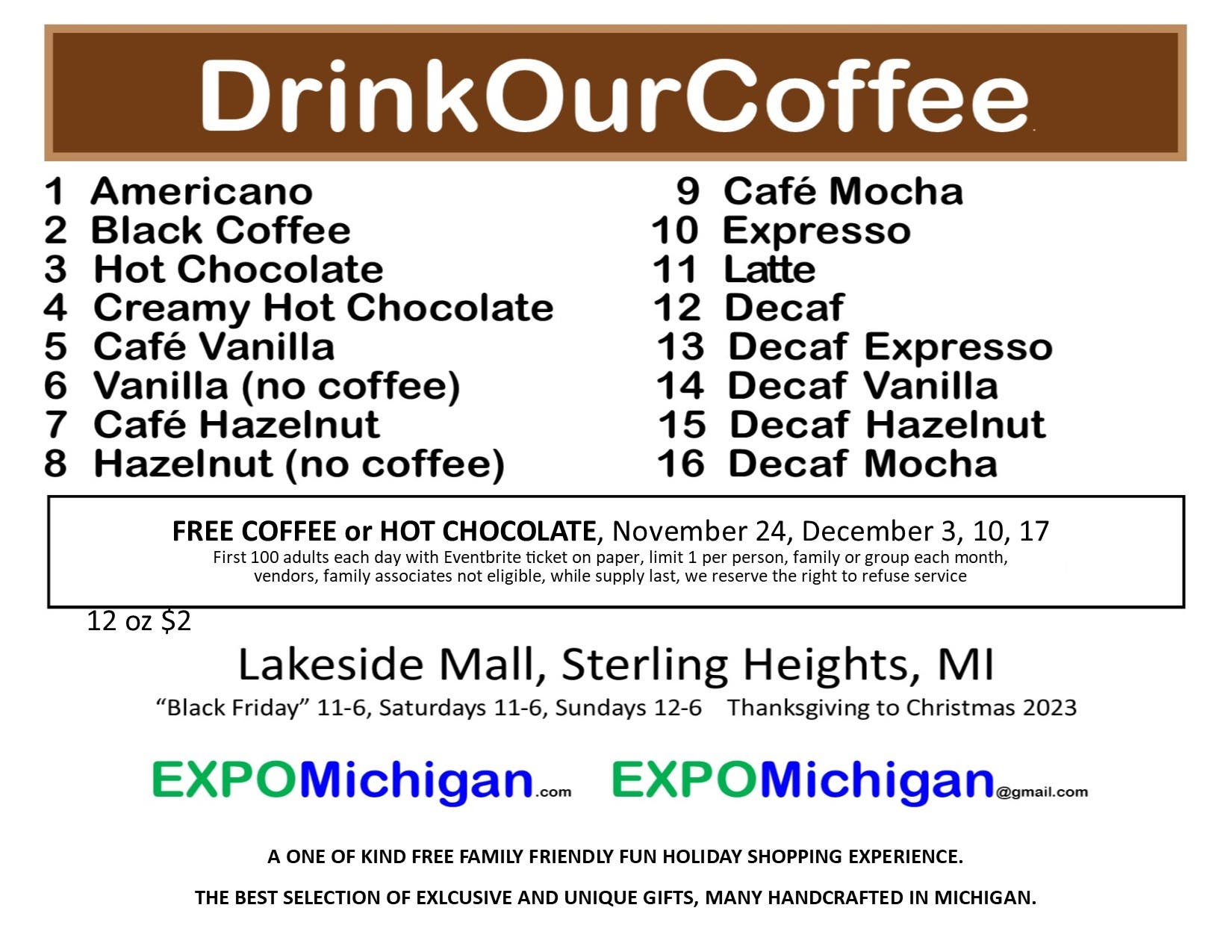 Nov 24 | FREE COFFEE / HOT CHOCOLATE at Lakeside Mall, November 24, first  100 with Eventbrite | Rochester, MI Patch