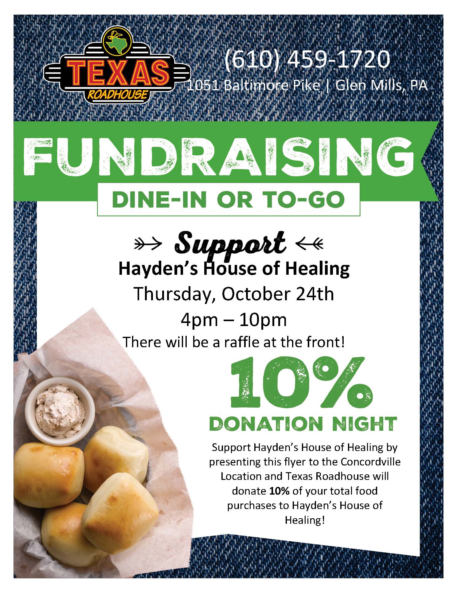 Oct 24 Texas Roadhouse Fundraiser for Hayden's House of Healing