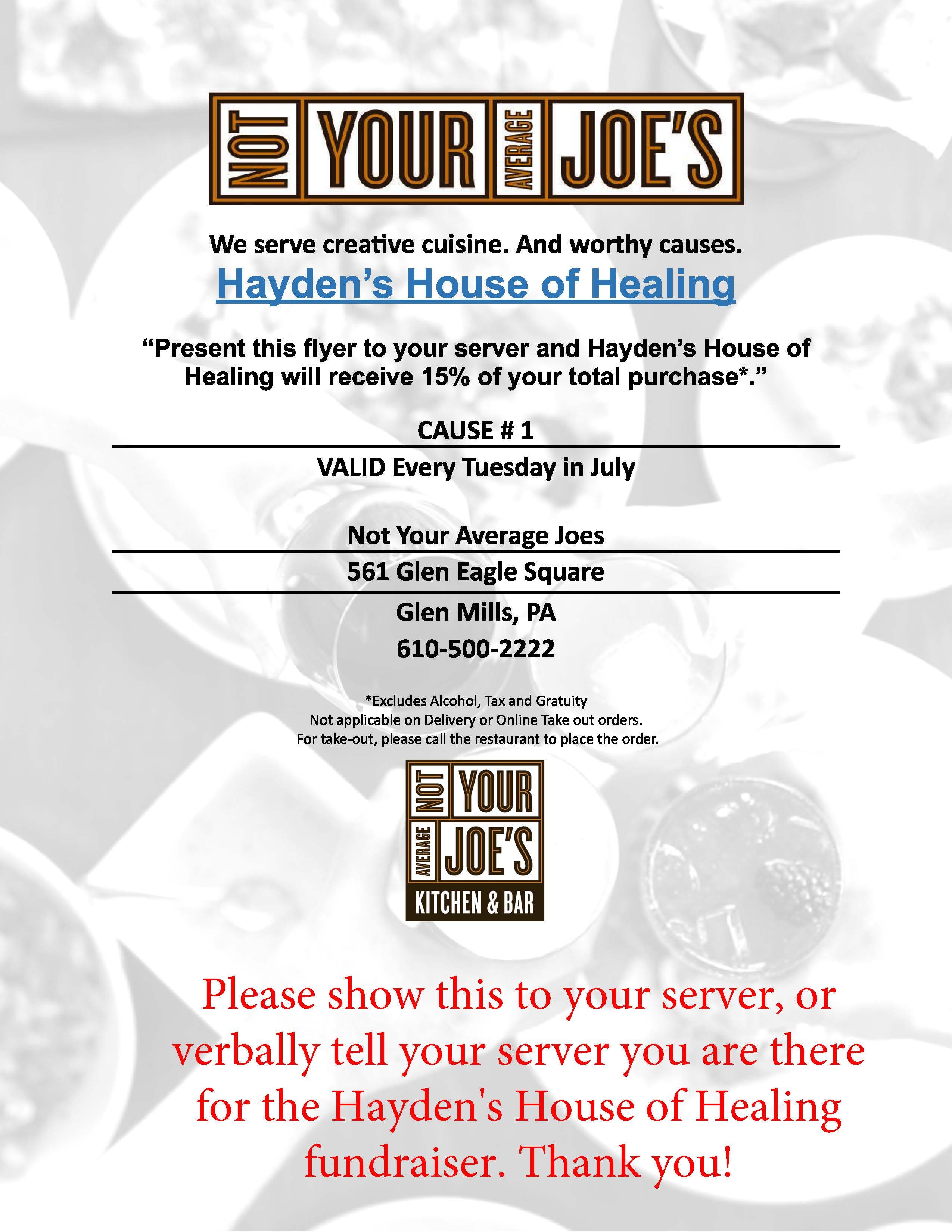 Not Your Average Joe's Fundraiser for Hayden's House of Healing Media