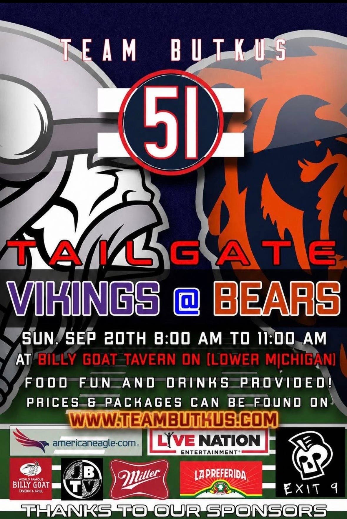 🏈 Team Butkus Tailgate - Vikings @ Bears 🏈