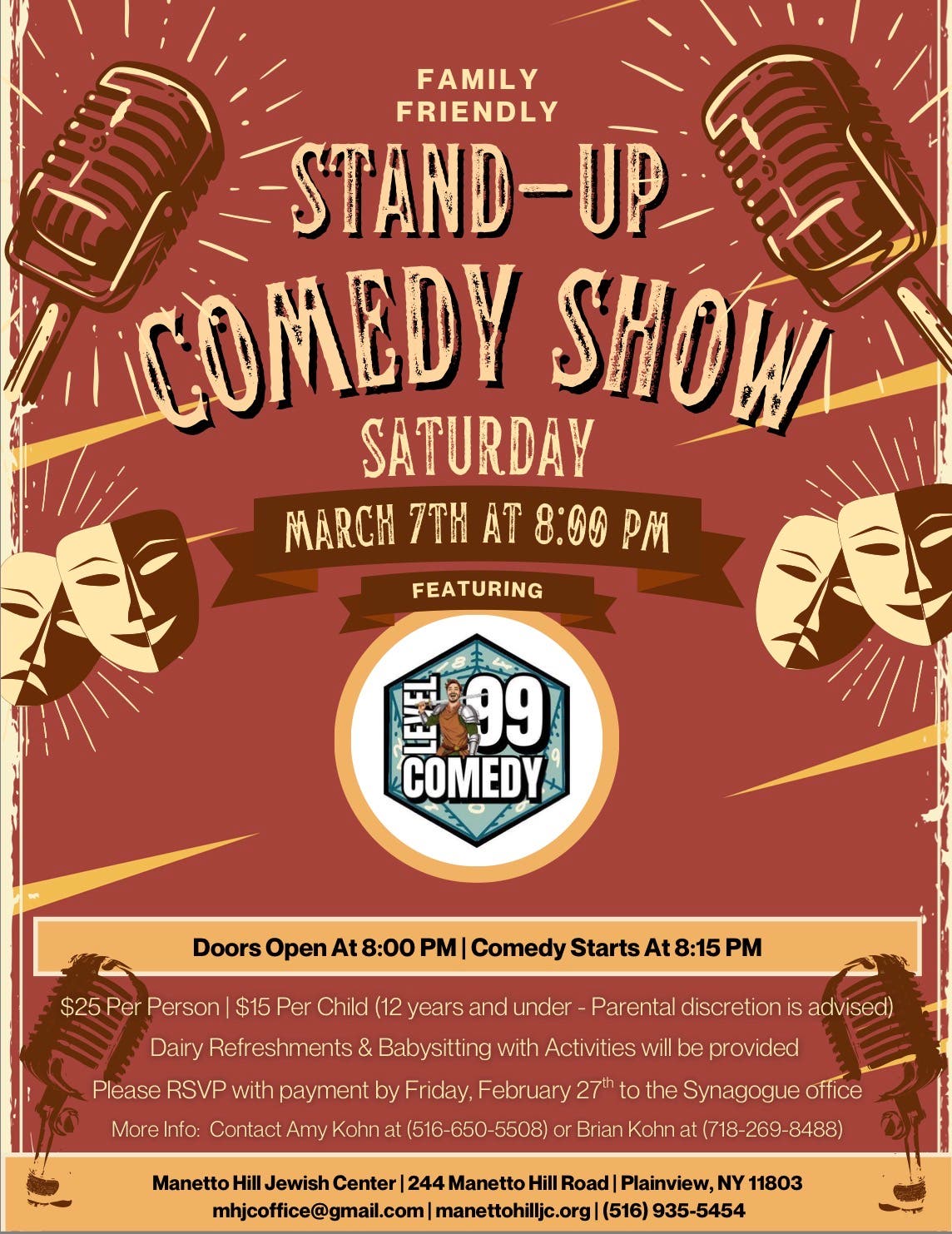 Family Friendly Stand-Up Comedy Show Featuring Level 99 Comedy at Manetto Hill Jewish Center