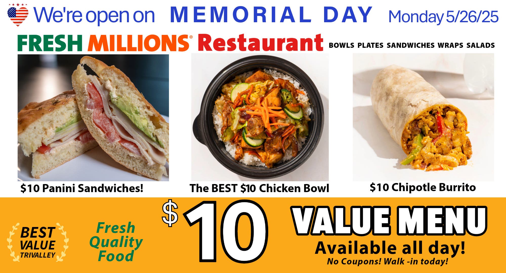 🔥🥳😎👍Fresh Millions Restaurant - OPEN on Memorial Day - Serving $10 Deals!