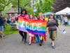 Students from Ridgefield Public Schools Unified GSA (Genders and Sexualities Alliance) and others march in Ballard Park during Ridgefield CT Pride’s 6th annual  Pride in the Park celebration.