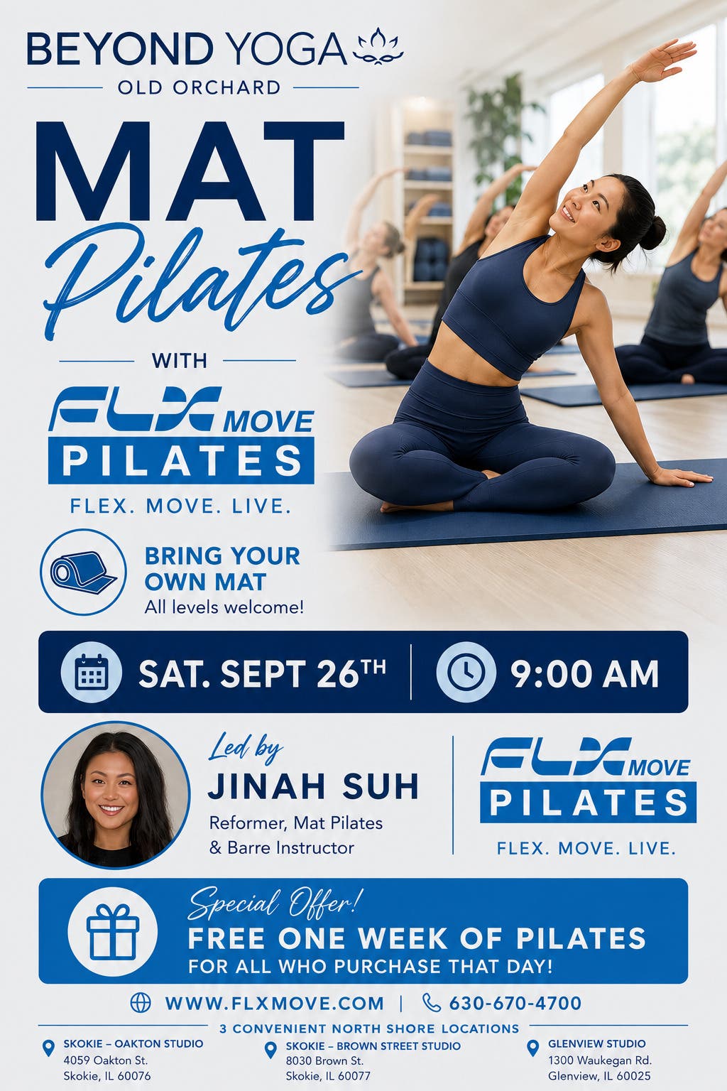 FLX Move Pilates for a FREE Mat Pilates Class at Beyond Yoga Old Orchard